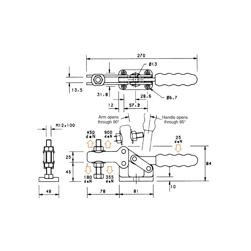 Toggle Clamp Horizontal HD, H700 Brauer, Throat D78 x H45 700kg Force